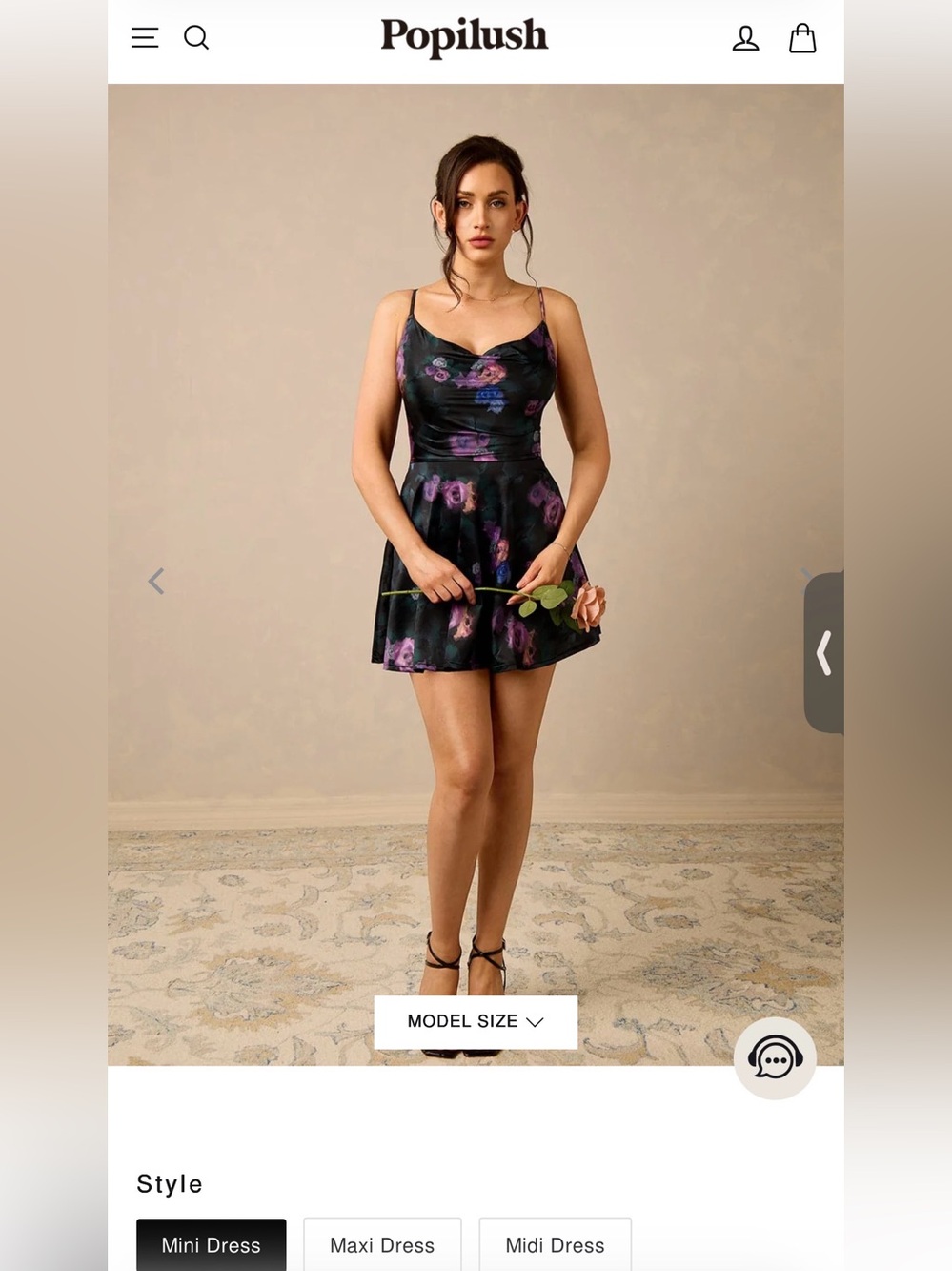 Popilush Black Floral Satin Cowl Mini Dress